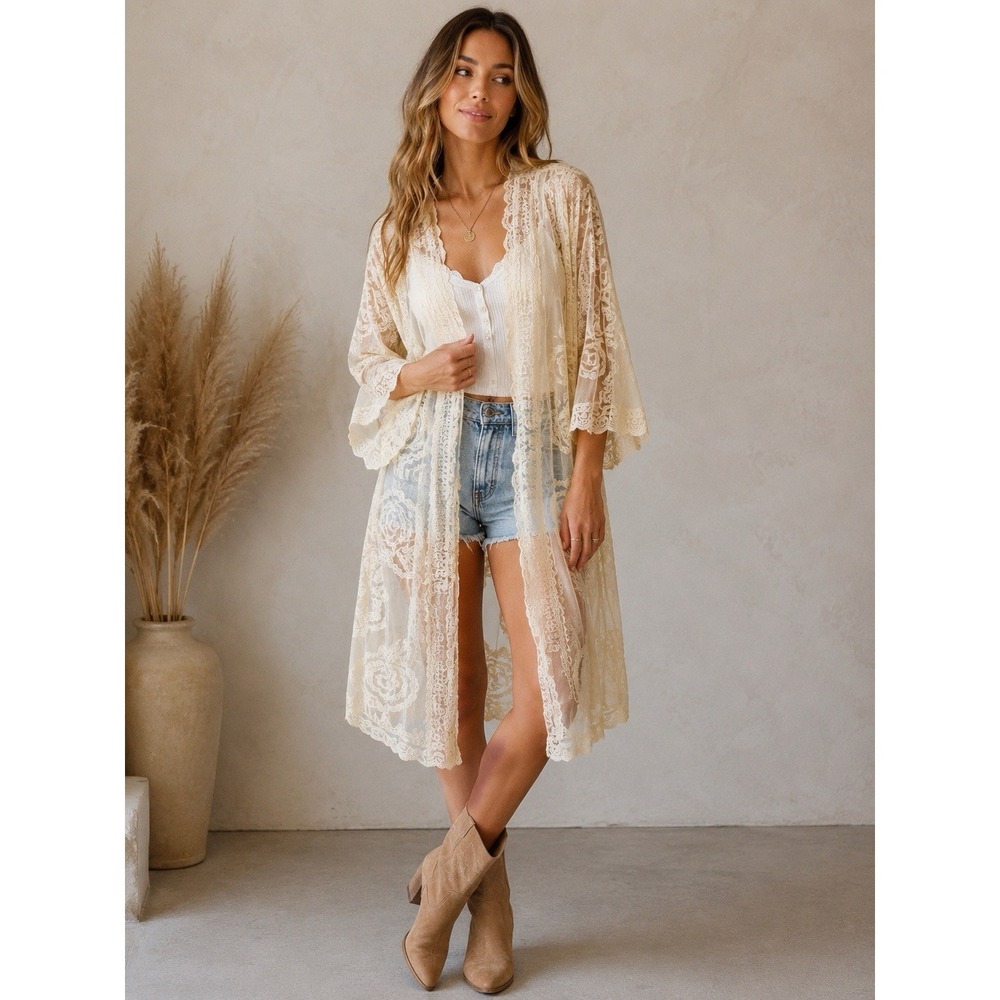 Womens Boho Lace Kimono Cardigan Large Festival Sheer Ethereal Romantic #59